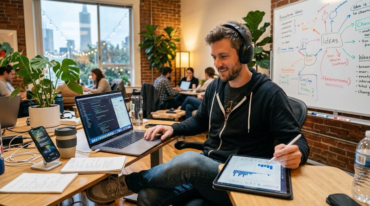 Creative agency team collaborating in a modern studio